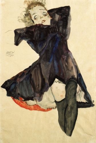 This expressionist artwork by Egon Schiele, titled "Girl in Blue Dress," captures a reclining figure rendered in fluid, dynamic brushstrokes. The painting reflects Schiele's distinctive style, known for its emotive intensity and exploration of human form.
