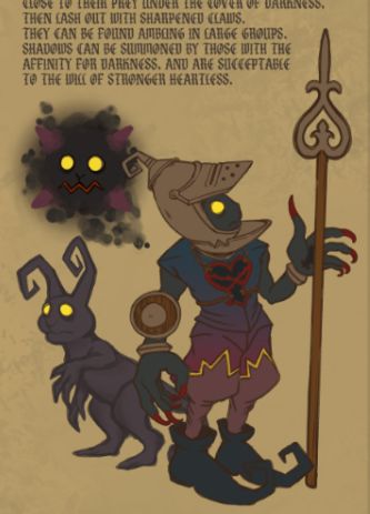 Three strange creatures, one dressed in medieval garb with a knight's helm and a spear, one that is smaller and rabbit-like, and one that is a mass of floating shadow. All three have bright yellow eyes and a vacant expression.