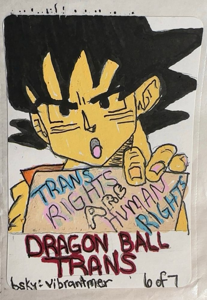 a painting of Goku holding a sign that says “Trans rights are human rights” under his sign in red lettered reads: “Dragon Ball Trans” 