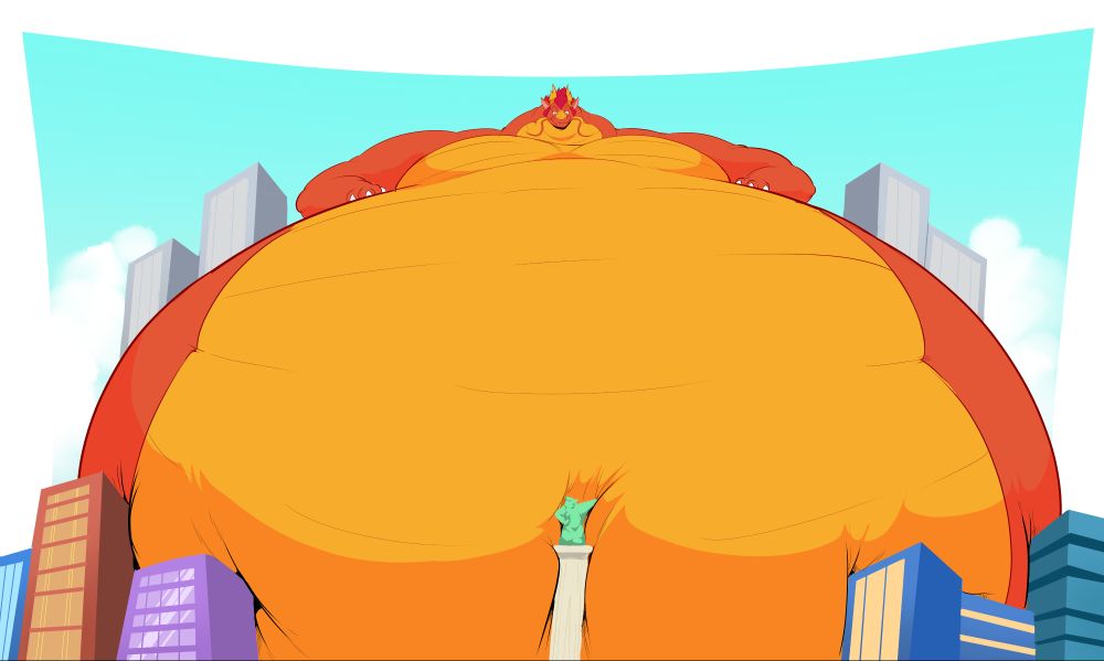 Ermrix the dragon is a fat macro filling up a city. His huge belly presses against buildings and a monument while he looks on, amused.