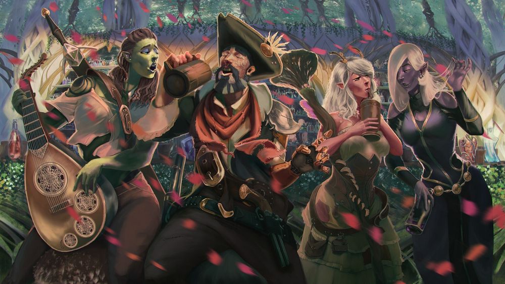 Illustration of a dungeons and Dragons group celebrating at an elven tavern in the forest