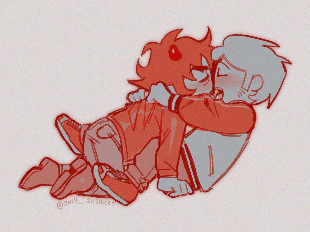 Dave and Karkat are making out on the floor. Karkat is pushing his body towards Dave while Dave pulls him closer by the jacket. White background as usual hehehe.