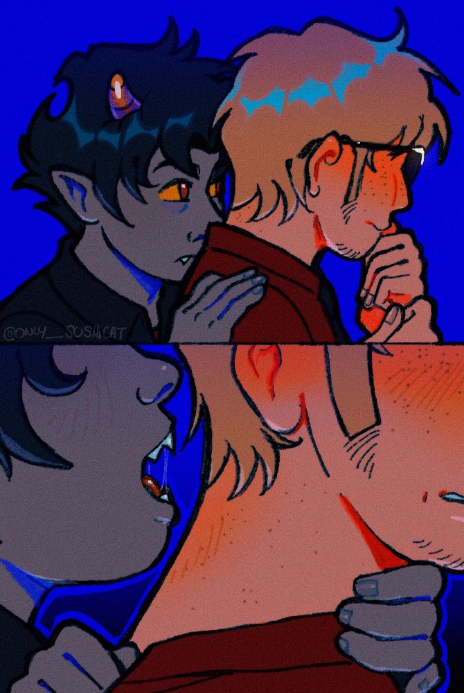 Close up of Dave is seated in Karkat's legs so he is facing forward. Gets flustered because Karkat is way too close to his nape, he knows Karkat will bite him with no hesitation. Bust up drawing so you cant see half of their bodies but who cares!! ;pp