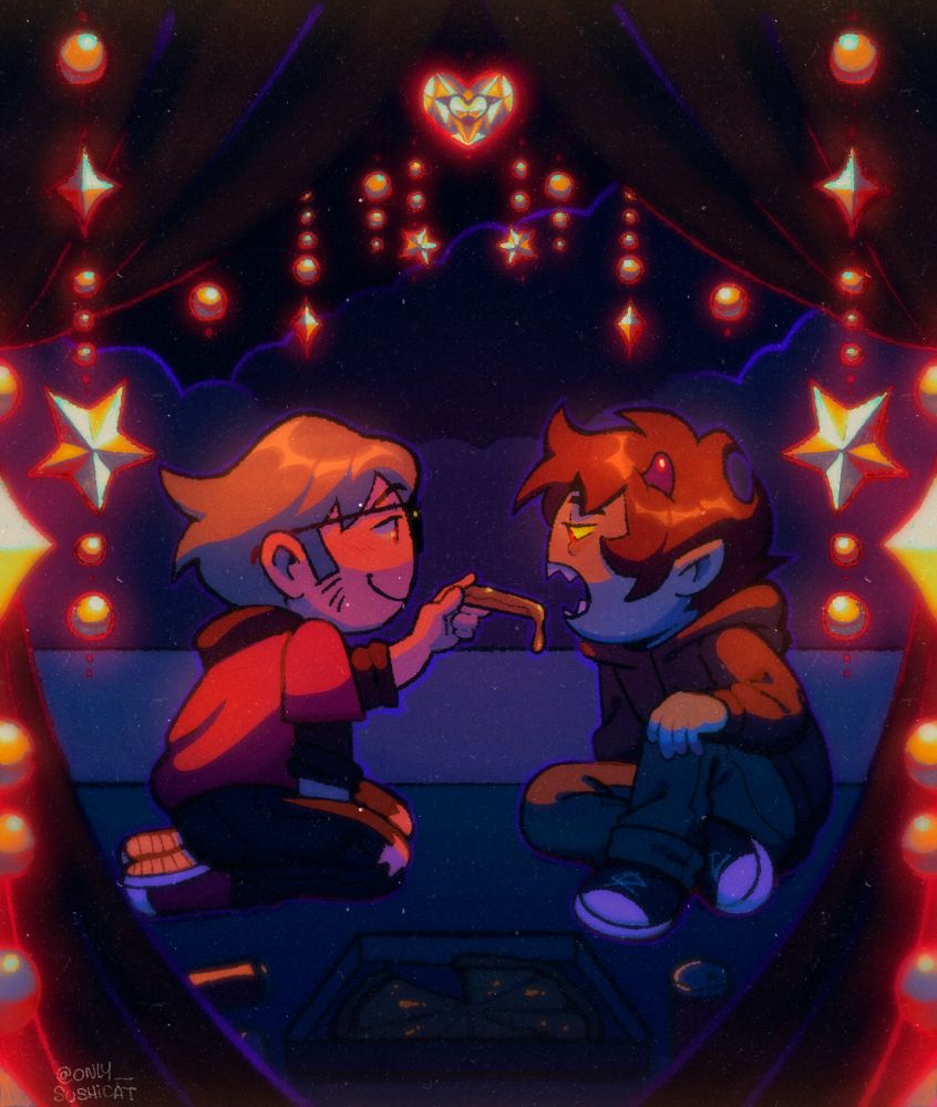 Dave feeding Karkat some pizza, they are surrounded by stars bead like stuff that shines in yellow and red tones. They are at a date together