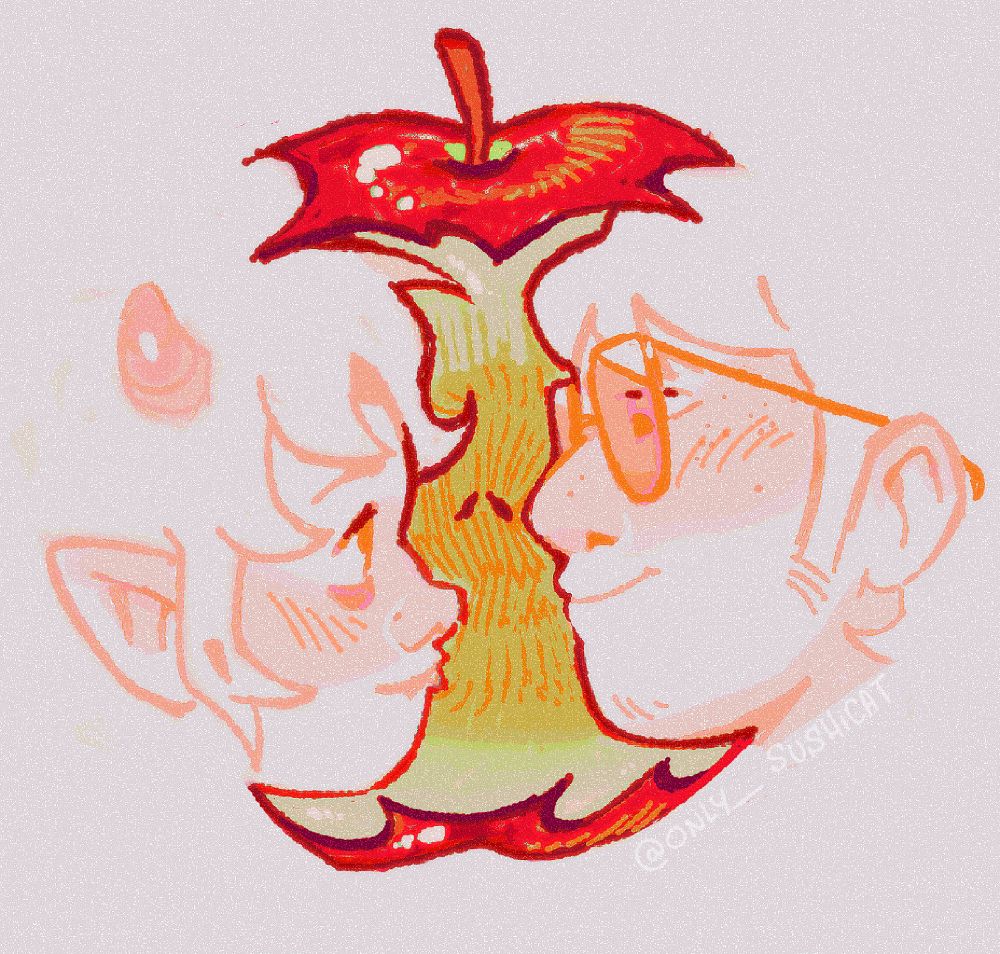 Davekat drawn w the apple that has two side profiles optical illusion.