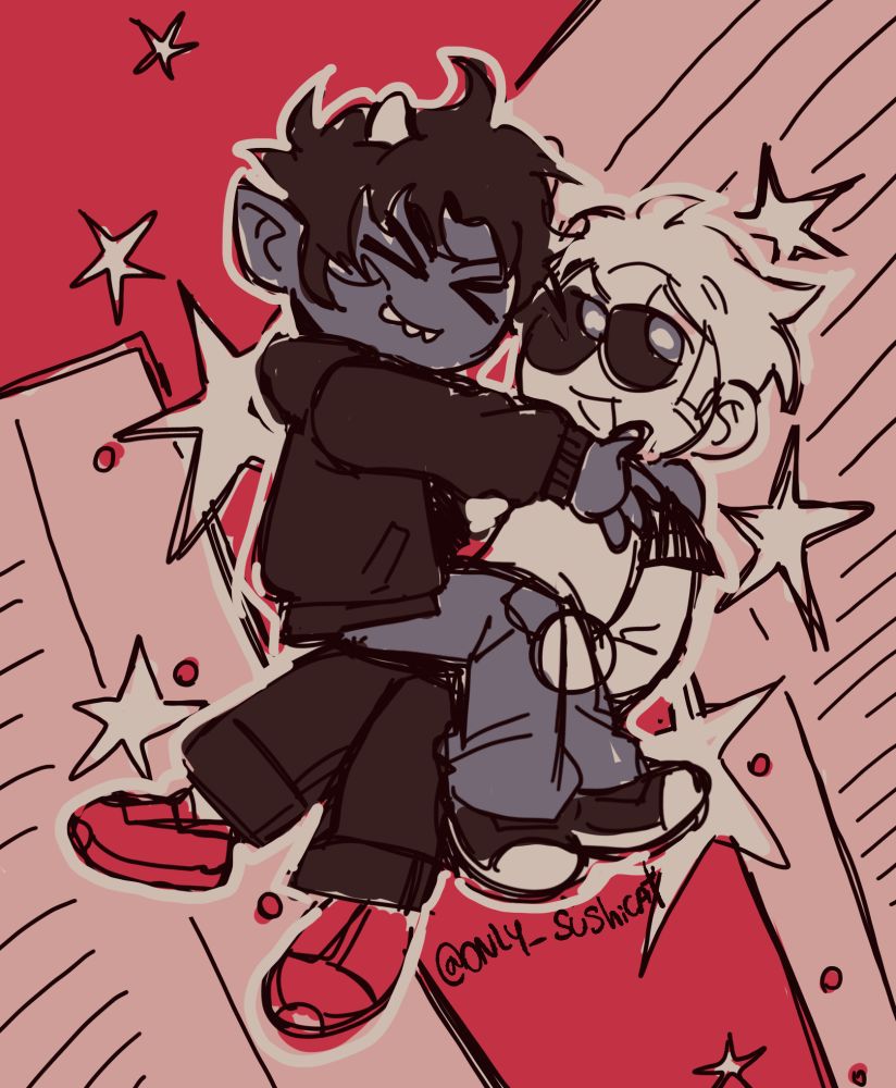 Davekat chibis, Karkat sitting in Dave's lap. Both very happy about it they are in love 🩷🩷🩷🩷
