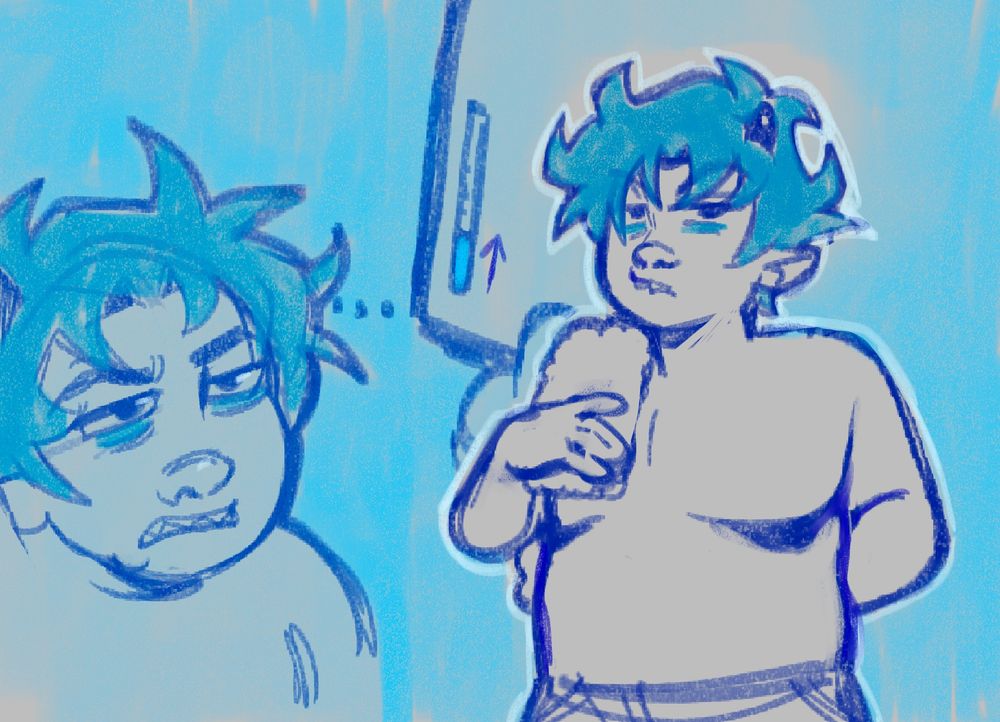 Blue doodle of Karkat holding a towel on his shoulder while he waits for the water to get warmer