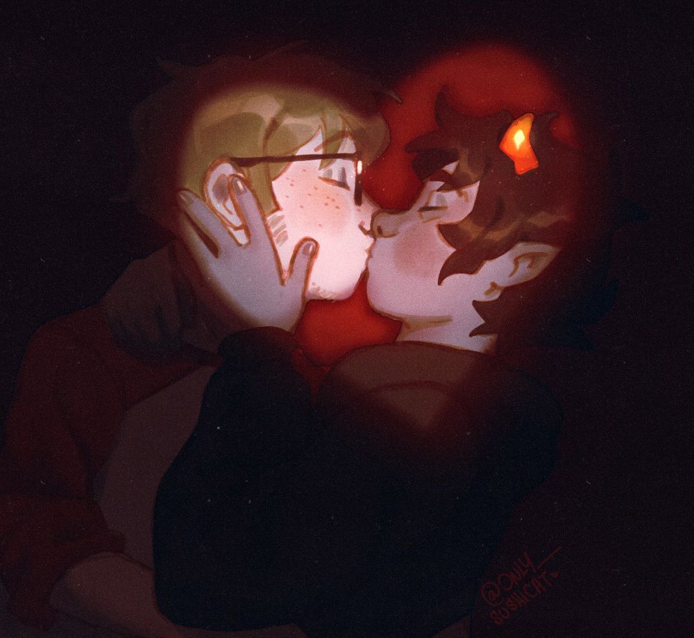 Davekat kissing very softly on the lips. Dave is holding Karkat by the waist and back, Karkat holds him by the face. The piece portrays them being focused by a red light right in the face.