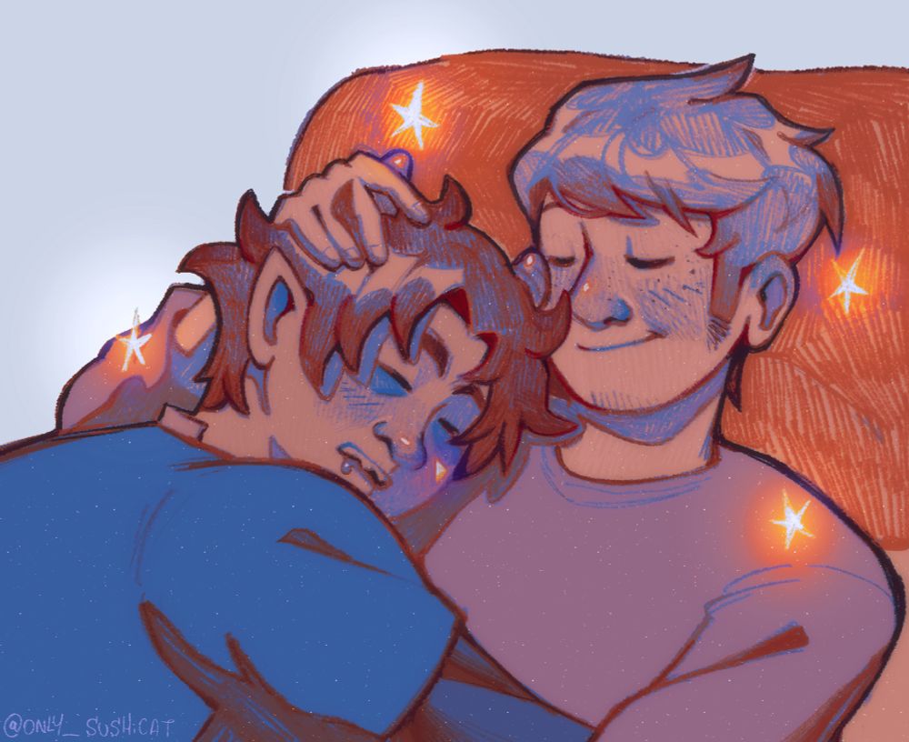 Davekat peacefully taking a nap, Karkat is resting in Dave's chest. They are sorrounded by little shiny stars.