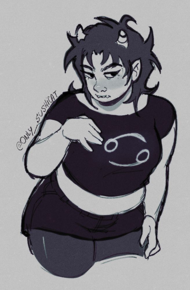Fem Karkat looking like a snack, kind of an inviting but irritated look in her eyes. She is wearing a low neck top, skirt and leggins.