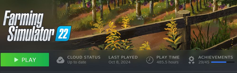 Steam screenshot showing Farming Simulator 22 with 485 hours of play time and 29 of 45 achievements. 