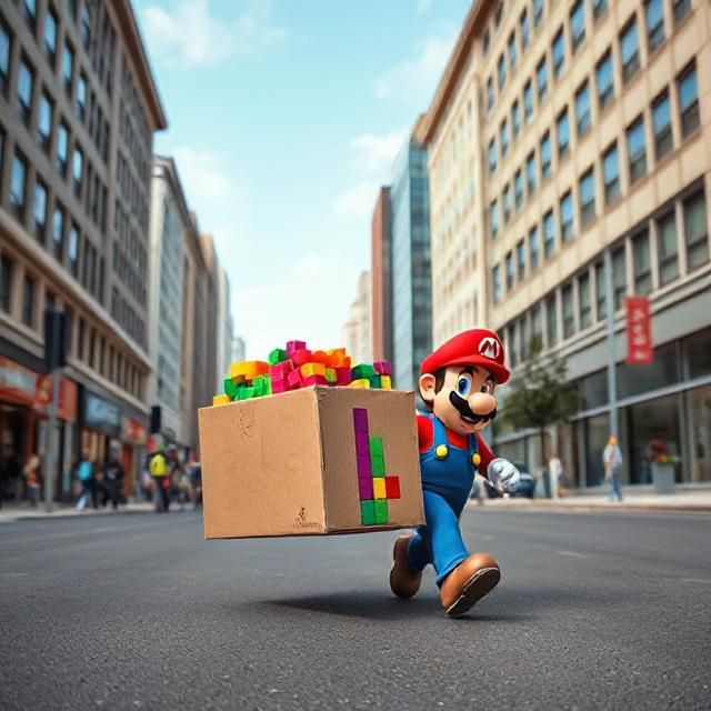 Mario läuft durch eine Stadt mit einem großen Karton in dem Tetris Blöcke sein sollen. 