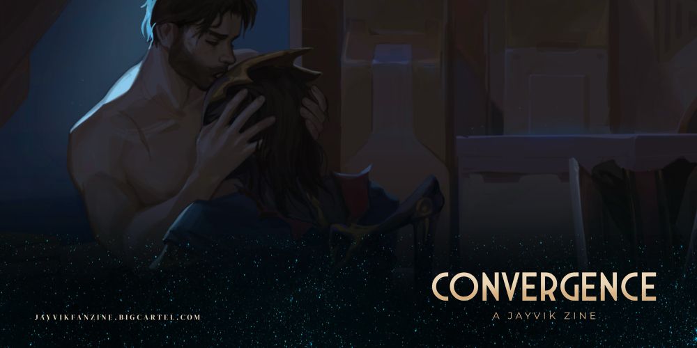 A preview banner for the Convergence fanzine featuring a shirtless Jayce Talis and the Arcane Herald (Viktor)