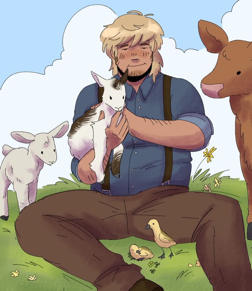 a digital drawing of my character Dewey sitting in some grass with his farm animals. there is a lamb, a baby goat, a baby cow, and some gooselings. he is holding the baby goat and looks content.