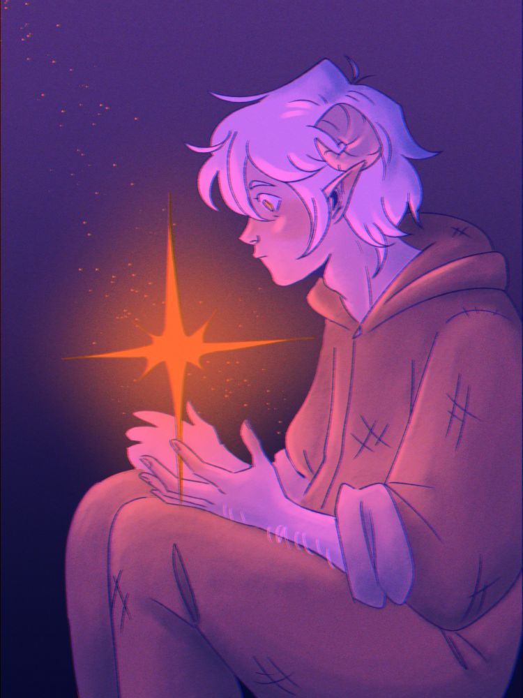 A tiefling like person with white messy hair and curled horns sits and holds a glowing star. They wear an outfit resembling a potato sack with the sleeves rolled up.