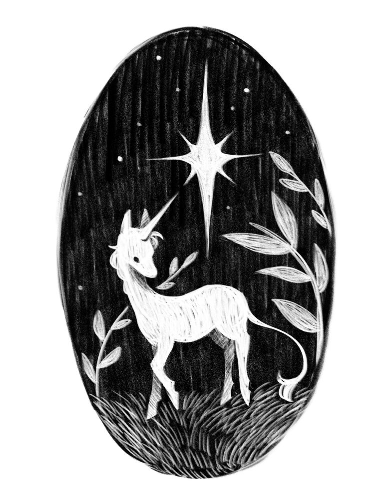 A black and white digital illustration of a small unicorn standing in some grass at night. Large fern like plants surround her as she faces a large twlinkling star that almost touches her horn.
