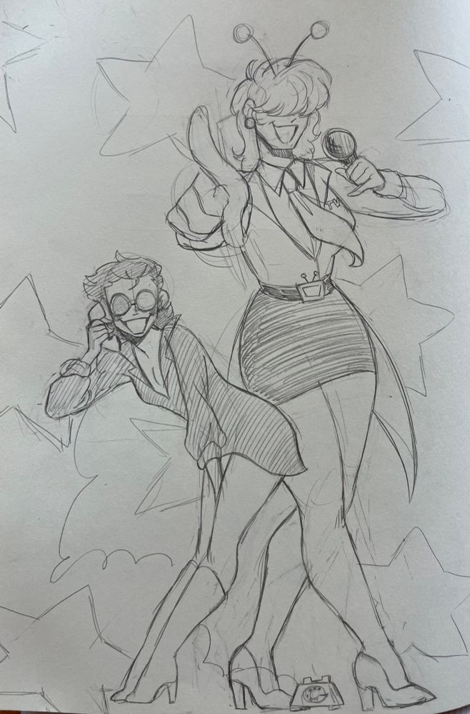 a pencil drawing of Spamton and Tenna if they were humans and also beautiful women. Spamton holds a phone to her ear and Tenna holds up a microphone while pointing to the viewer with her free hand.