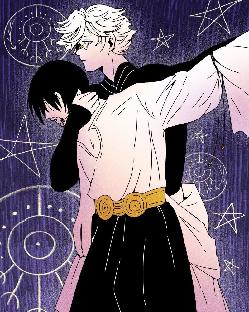 A digital illustration of the characters Qifrey and Olruggio from the manga Witch Hat Atelier. Qifrey holds Olruggio's neck and his hand off screen as Olruggio slumps to the side. The background shows a forbidden spell from the manga, as well as cartoon looking stars.