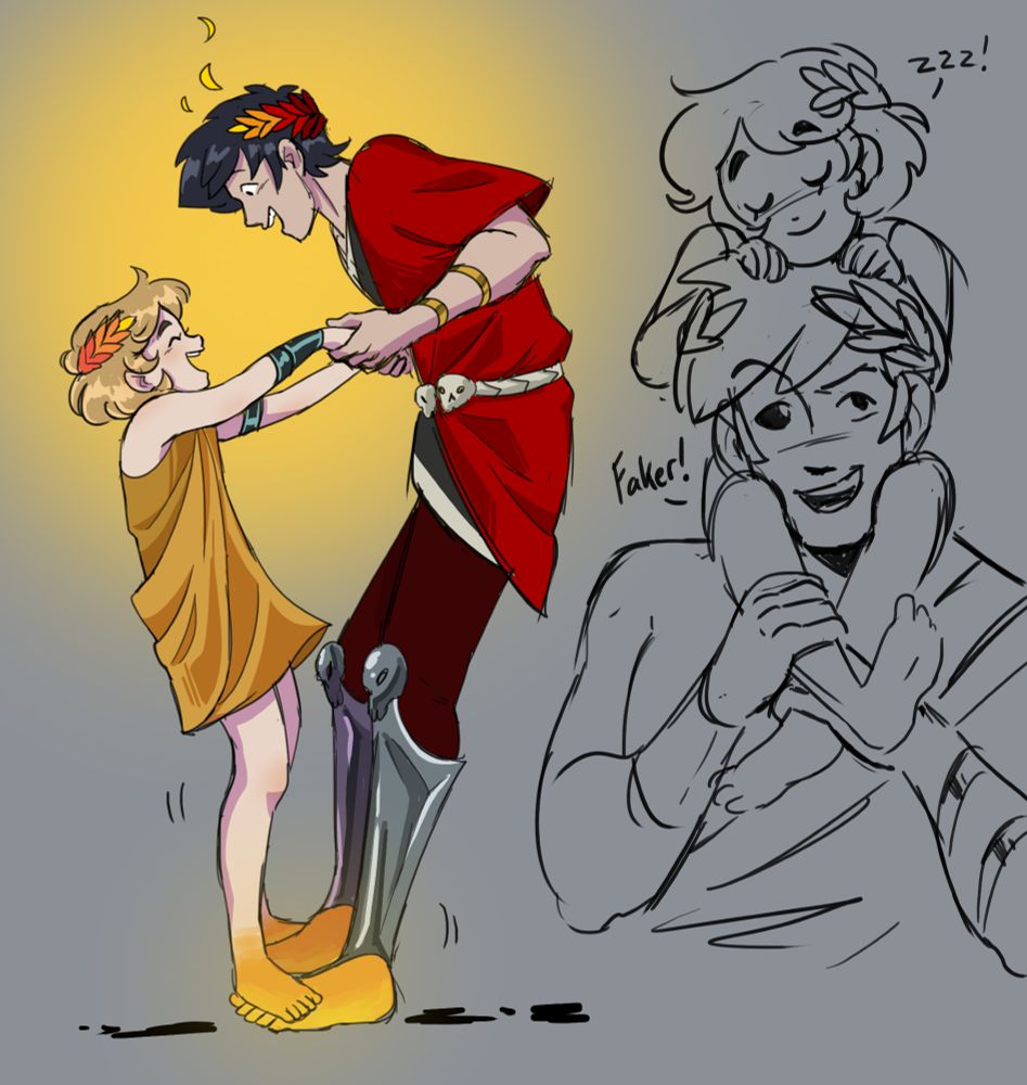 Melinoe (depicted as a child) and Zagreus from the game Hades. on the left, Zagreus is balancing Melinoe on his feet, and there are scorch marks on the ground.

on the right, Melinoe is pretending to sleep while on Zagreus's shoulders. he's saying "Faker!" to her as she says "zzz!"