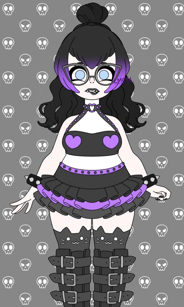 Image of a cartoon charcter with blue eyes, black V shaped bangs with purple tips, a black and purple layered skirt with a black tube top with 2 purple hearts  that has studded straps leading to a choker necklace with a heart shaped pendant that is purple, the charcter is wearing studded black wrist bands and black cat stockings also wearing knee high black strapped boots. The background is a deep grey colour with skulls on it