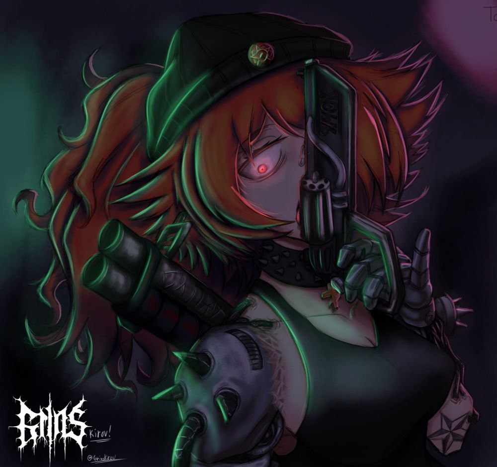 Cyberpunk oc, original character, character design, soviet anime styled girl, neon lights, robotic arm