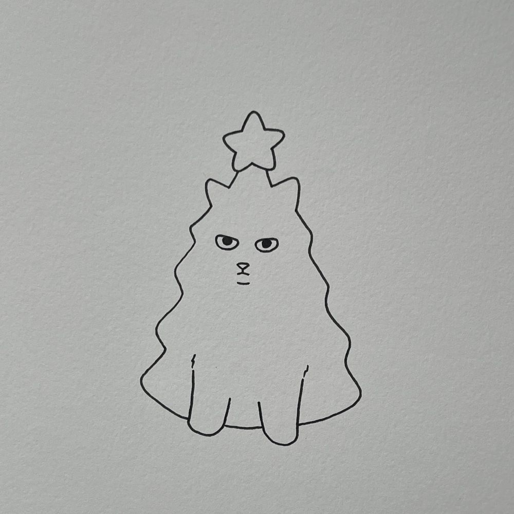 a poorly drawn cat made with black pen in a high textured paper, the cat is shaped like a christmas tree and has a star on top of its head