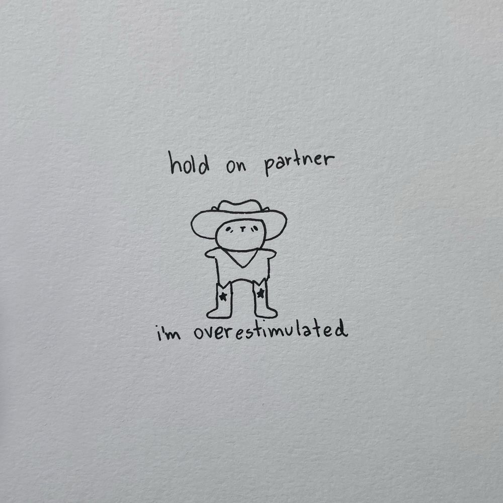 a small poorly drawn cat dressed as a cowboy, wearing a wide hat, boots with stars, and a bandana. around it handwritten text says “hold on partner. i’m overstimulated.”