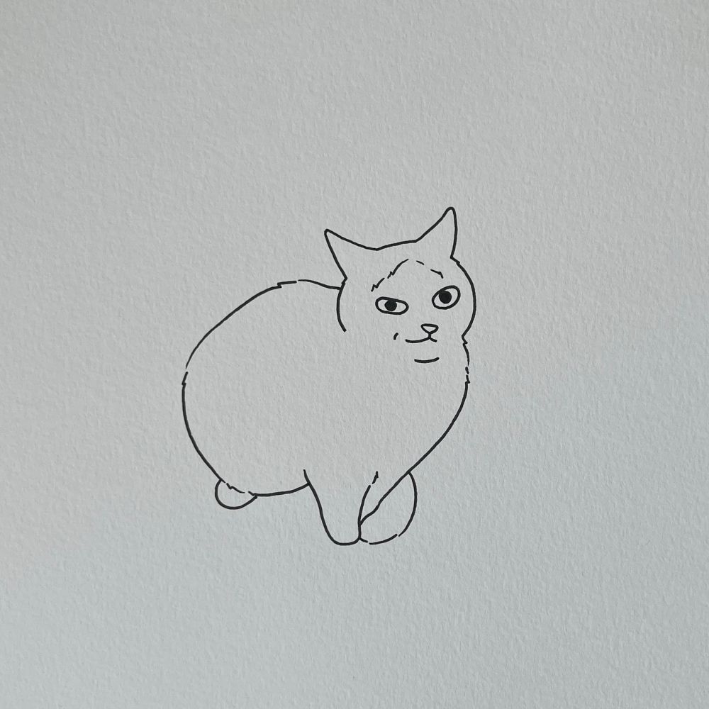 a poorly drawn cat with a smug, human-like expression. its eyes are narrowed and its mouth curves into a subtle, self-satisfied smirk, giving off strong mischievous vibes