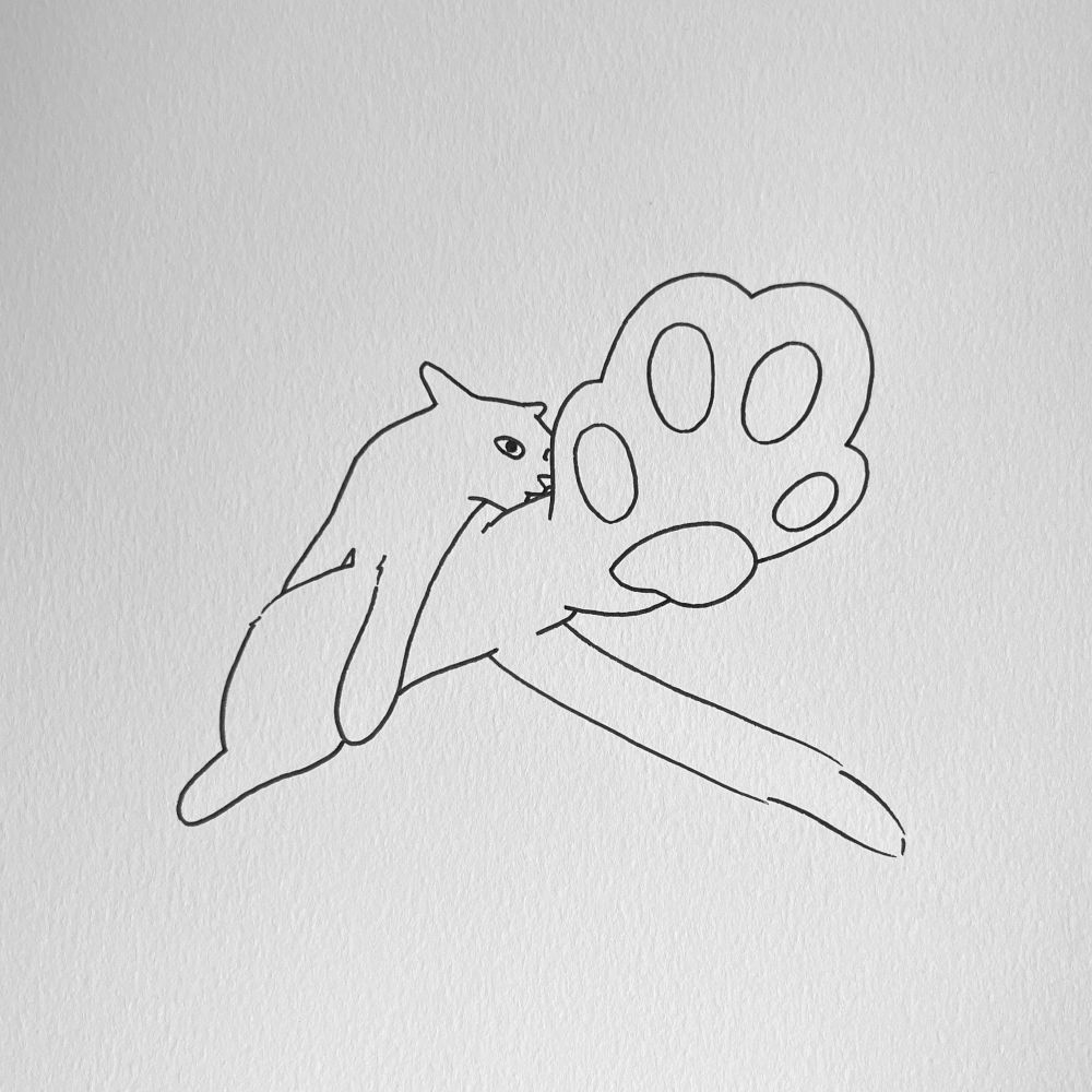 a poorly drawn cat licking its raised hind leg. the leg is exaggeratedly large, with an oversized paw featuring huge toe beans