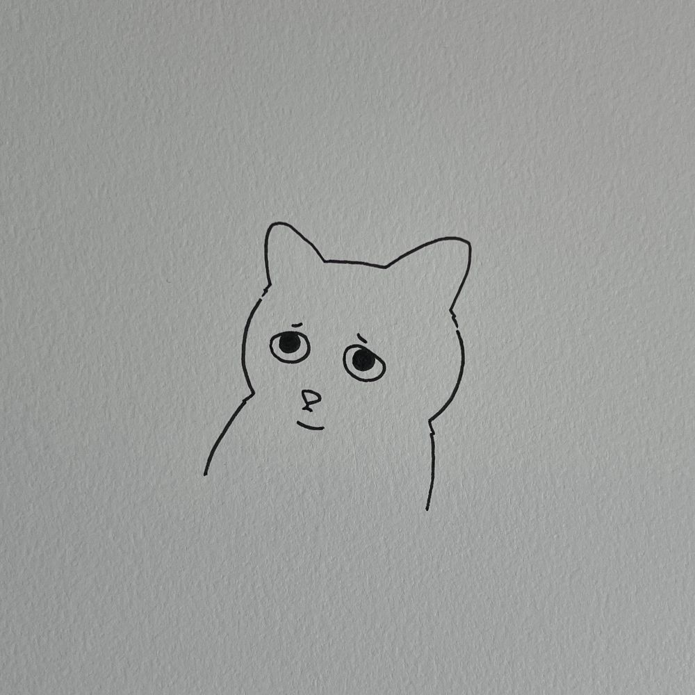 a poorly drawn cat made with a black pen on high-textured paper - the cat appears very sad, with tiny eyebrows to emphasize its sorrow