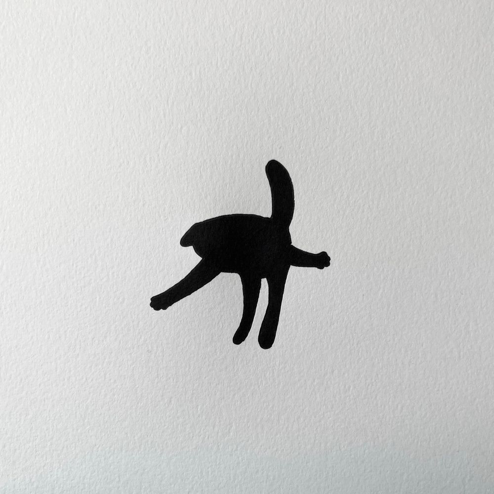 a poorly drawn black cat silhouette resembling a shadow, with its limbs posed in a way that makes it look like it’s in the middle of a fighting move hyaaaa
