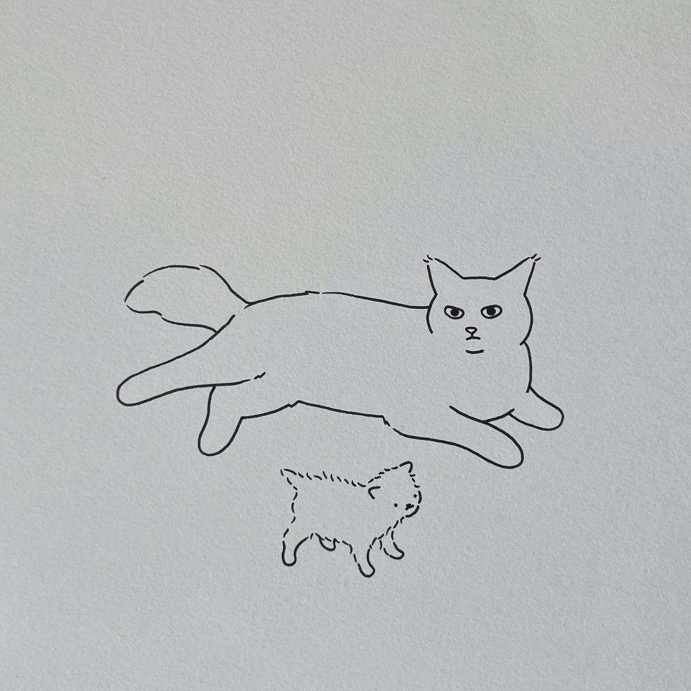 a poorly drawn mama cat lying on its side with a calm expression. just below her, a tiny fluffy kitten stands stiffly with its back arched, tail puffed, and being very pointy with its mama