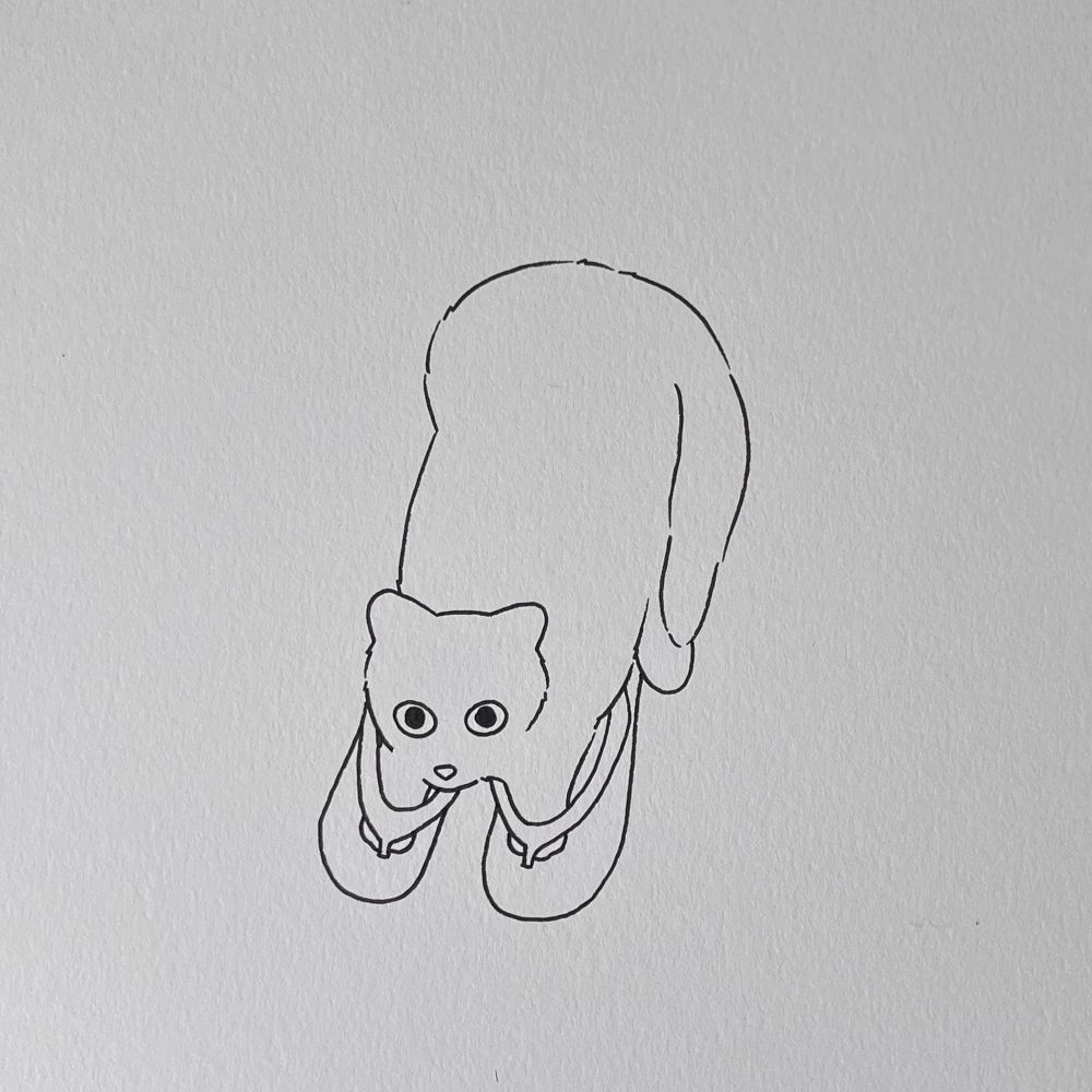 a poorly drawn cat made with black pen in a high textured paper - the cat is wearing flip flops and it’s suspiciously looking up