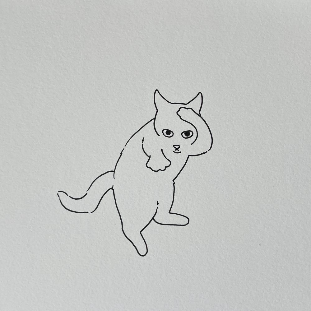 a poorly drawn cat with one paw dramatically raised to its forehead as if reading your mind. the expression is pure concentration.