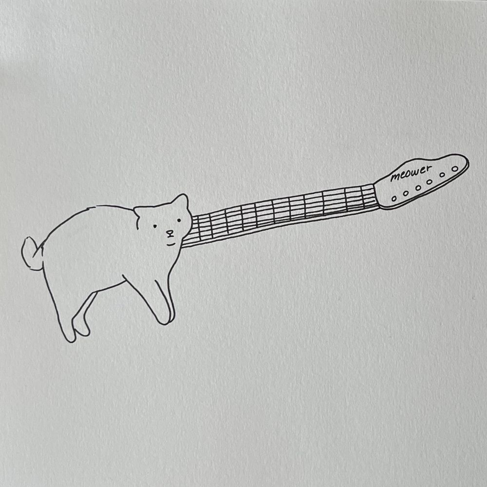 a poorly drawn cat whose neck seamlessly transforms into the neck of an electric guitar 🎸 the guitar headstock is labeled "meower”