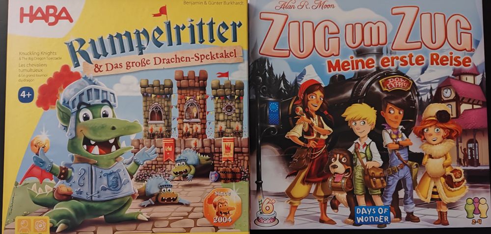 Zwei Brettspiele: Rumpelritter & das große Drachen-Spektakel und Zug um Zug meine erste Reise