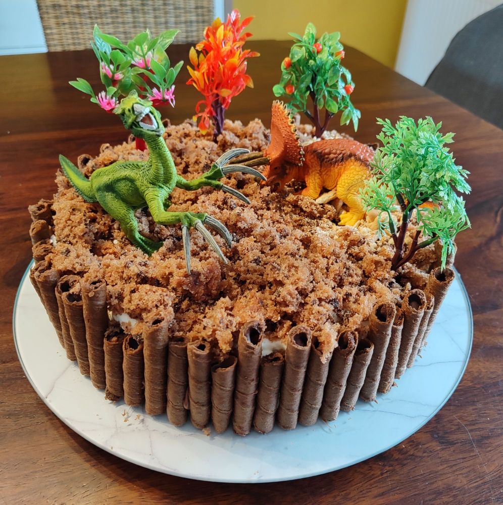 Schokoladenkuchen. Am Rand würden Keksrollen verteilt. Auf Schokostreuseln stehen zwei Dinos und 4 Bäume.