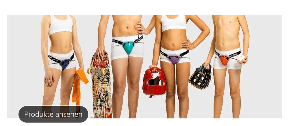 Werbeanzeige mit Personen die Unterwäsche tragen, sowie einen Tiefschutz.