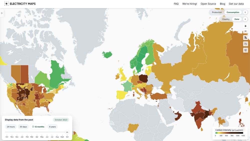 We color areas on the map by the amounts of greenhouse gases that is emitted for each unit of electricity consumed there (its carbon intensity). The greener the colour, the more climate-friendly the electricity consumption.
