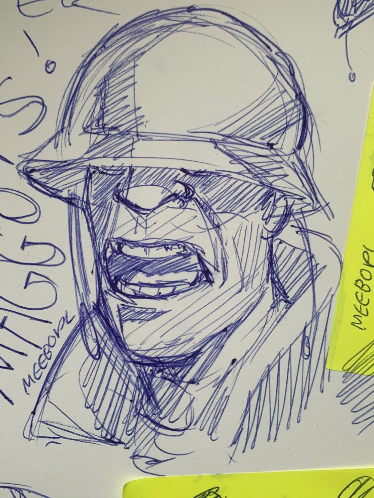 blue pen sketch of soldier tf2 shouting “MAGGOTS!”, helmet on