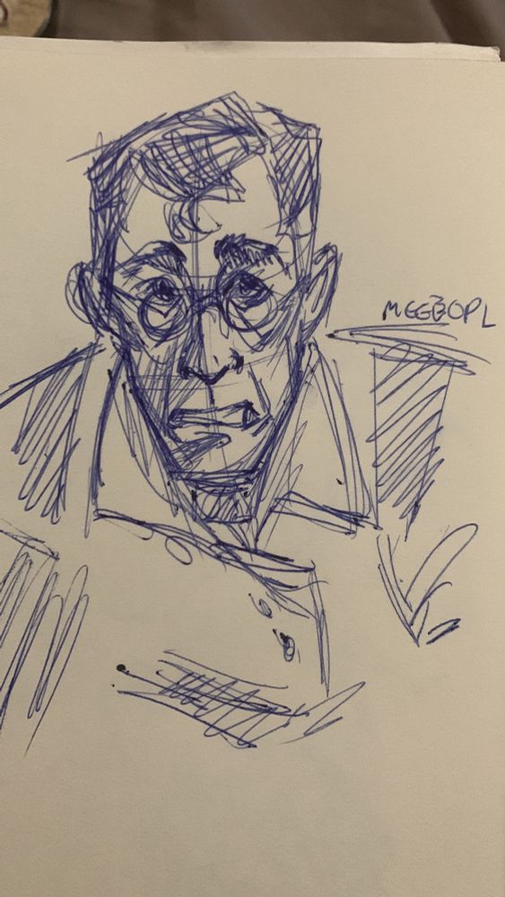 blue ballpoint pen sketch of the character medic from game team fortress 2. expression is something around shocked