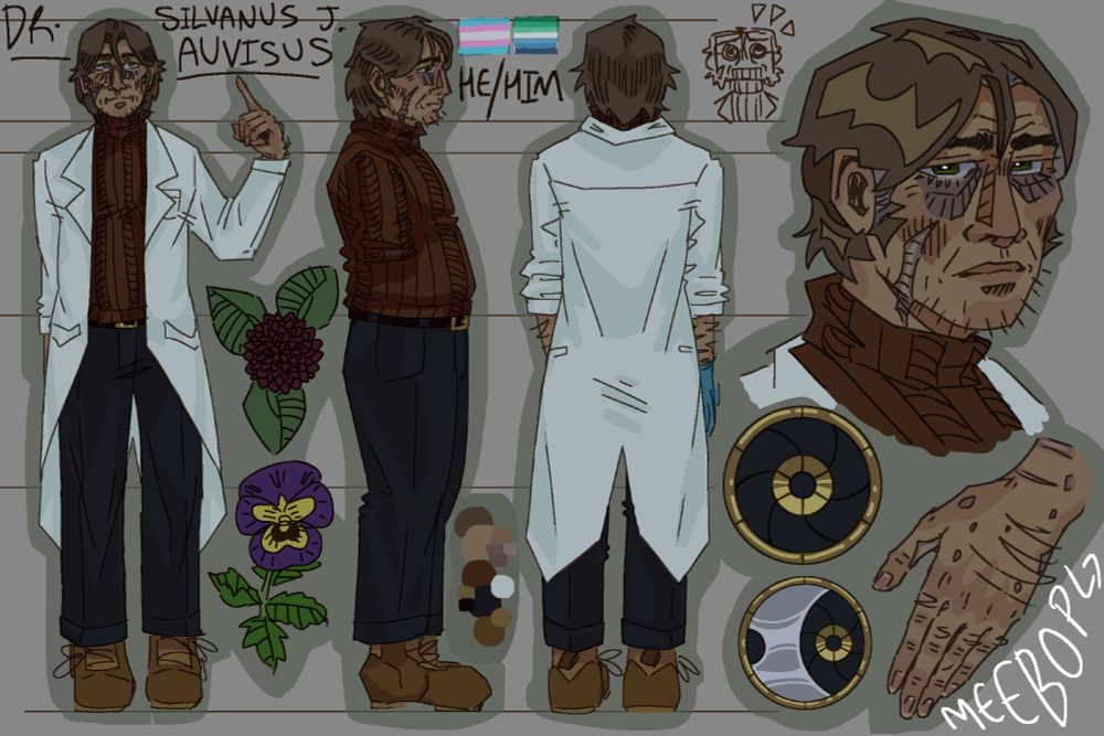digitally drawn and coloured reference sheet of my character “Dr. Silvanus Juniper Auvisus” (labelled at top left of canvas). includes anterior (front), side, and posterior (back) fullbody views, a headshot, hand reference (his left), and two variations of his family seal/icon. the character himself is a middle aged man of average build and height, wearing a brown turtleneck, an open, almost-white lab coat, navy-black trousers, and lighter brown boots. additional features include neck-length greying brown hair and sideburns, hazel-green eyes, a distinctive scar on his right cheek, and deep eyebags. family seal resembles an eye, gold-rimmed circle with a golden 6-sectioned “iris” and dark pupil in the center. the rest of the space is darker and bluish, divided into six segments like an iris lense. the secondary icon design is similar but for the silver crescent covering much of the dark space, and the iris being in the remaining space on the right. a black dahlia and purple and yellow pansy also feature on the sheet.