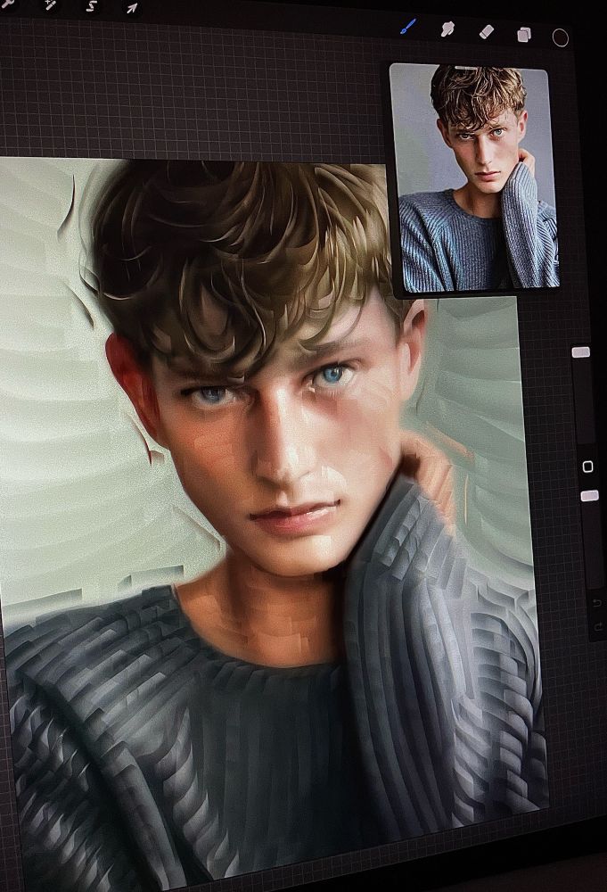 Photo study of a man looking directly at the viewer; his left hand on the side of his neck; wearing a gray long sleeve sweater; drawn in Procreate; photo reference found on Pinterest