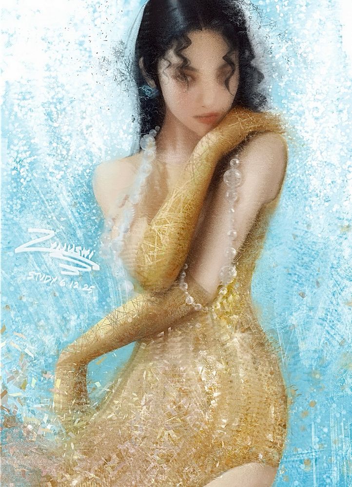 photo study of an Asian woman with curly black hair, a yellow dress, yellow elbow-length gloves, and a long glass-beaded necklace; painted in Photoshop using texture brushes and mixer brushes
노란색 드레스, 긴 유리 구슬 목걸이, 그리고 노란색 팔꿈치 길이 장갑을 착용한 검은 곱슬 머리 아시아 여성; 포토샵에서 텍스처 브러쉬와 믹서 브러쉬로 그린 스터디