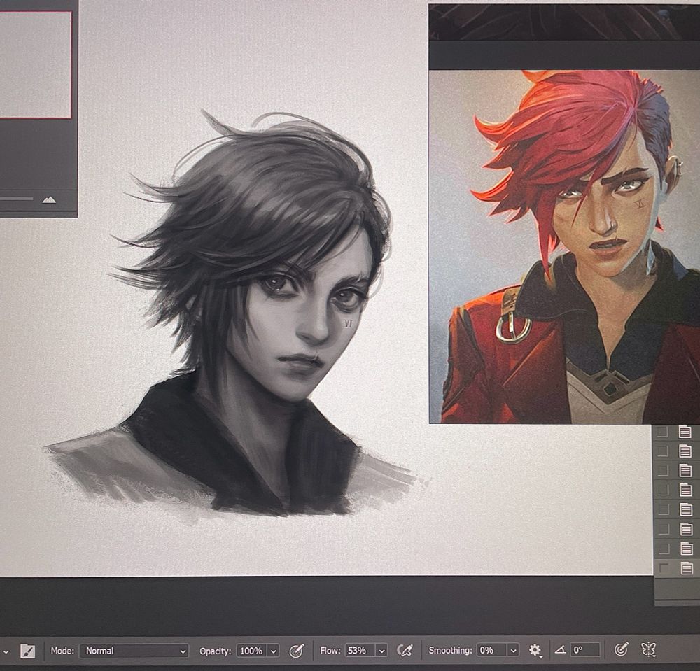 Grayscale doodle of VI from Arcane; drawn in Photoshop; VI photo reference on top right