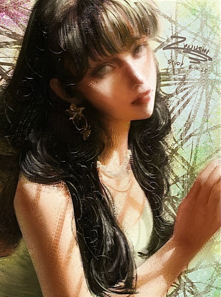 rough photo study of a woman with curly black hair, gold earrings, and a green dress in bright lighting; painted in Photoshop using texture and mixer brushes
밝은 조명 스터디; 금 귀걸이랑 녹색 드레스를 입은 검은 곱슬 머리 여성; 포토샵에서 텍스쳐 브러쉬와 믹서 브러쉬로 그린 스터디
