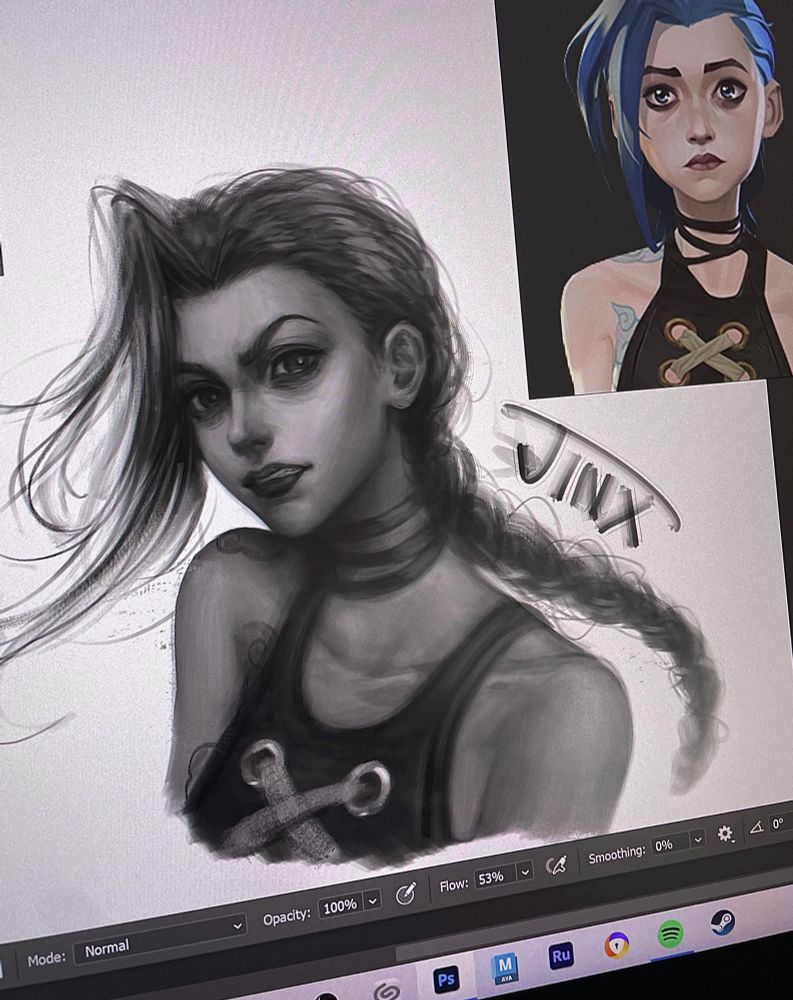 Grayscale doodle of Jinx from Arcane; drawn in Photoshop; Jinx photo reference on top right