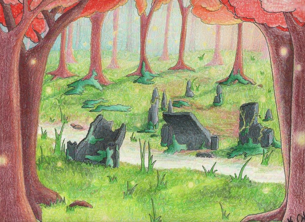 Enchanted Forest
March 2021
Traditional, pen and colored pencils
A Patreon reward commission. Features a sparse forest, the trunks a reddish-brown hue and the leaves a colorful orange, the grass is a bright and saturated green and various clumps stick up above the rest of the grass section. Between the foreground and the background flows a small stream. An aging and cracked bluish-gray stone bridge is withered away into two pieces, one on each side of the stream. Other similarly-colored and aging stone artifacts and pillars stand near the further side of the broken bridge. A few vines wrap around some of the stone pieces, and numerous patches of cool-green moss creep up and grow along the sides and bottoms of various stone elements as well as some of the tree trunks in the background. Around the entire forest, foreground and background, little balls of light float and dance in the twilight forest to give it a more enchanted vibe.
