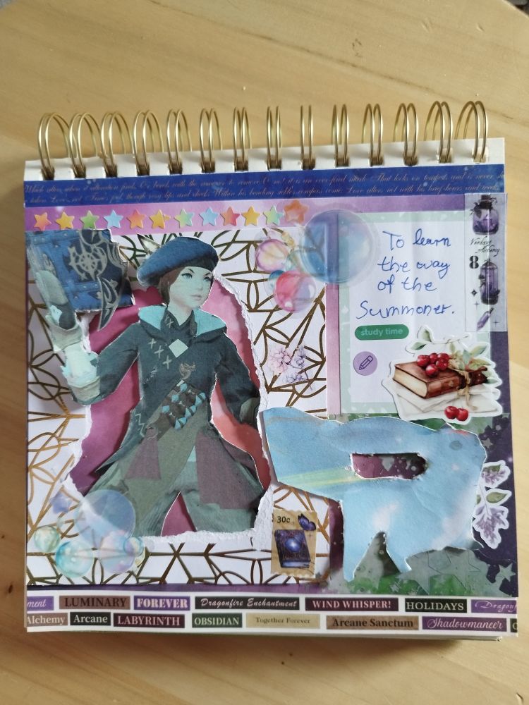 Photo of a scrapbook page, dedicated to my WoL, Alice Auron, in FF14. It depicts her standing in battle ready position, holding up her summoners book and her Carbuncle in the lower right hand corner. Above the Carbuncle is written "To learn the way of the Summoner." With a green sticker saying "study time" underneath. 