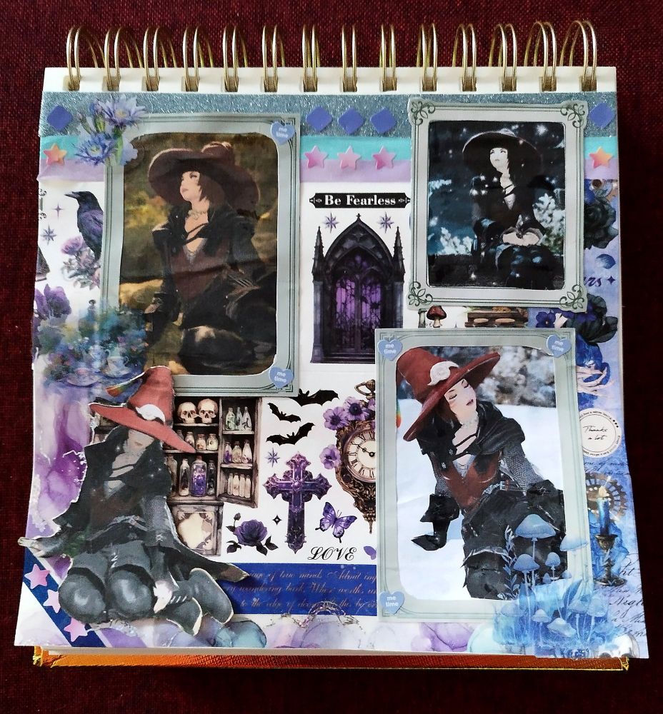Scrapbook collage of my Warrior of Light in  wearing my favourite glamour for her. Consisting of black overknee leather boots. A red leather jerkin and chainmail sleeves and black leather wrist warmers. Tied together by a black leather cape and a red witch hat. 